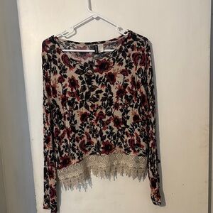 Divided Floral Long Sleeve Top with Lace Hem